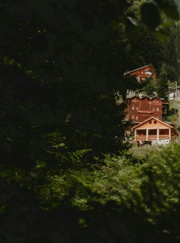 Modern wooden homes nestled in the lush green mountains of Rize, Turkey, showcasing contemporary architecture.