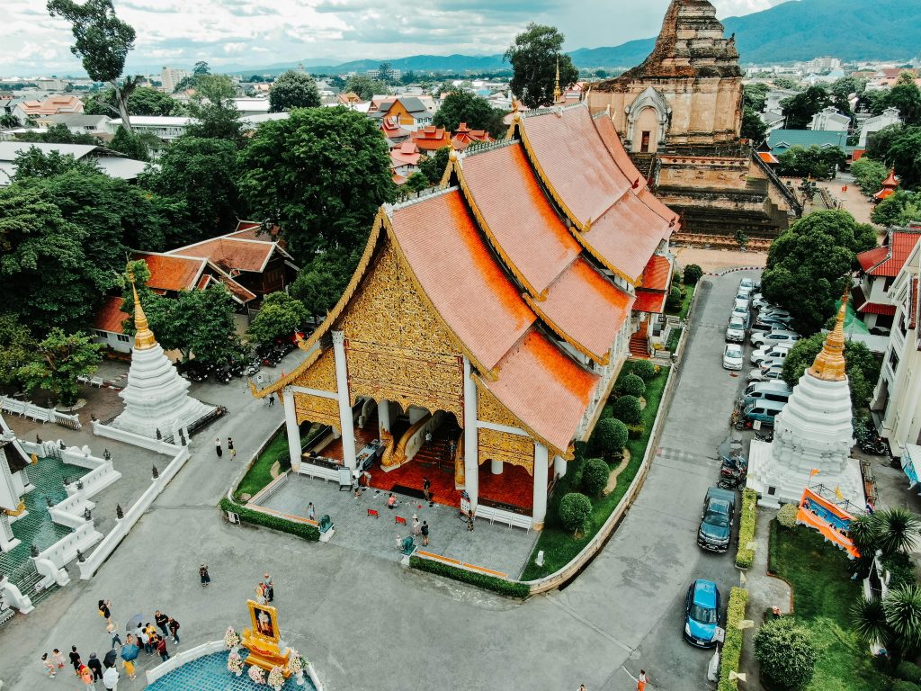 Stunning aerial view of Wat Chedi Luang, showcasing traditional Thai architecture in Chiang Mai, Thailand.